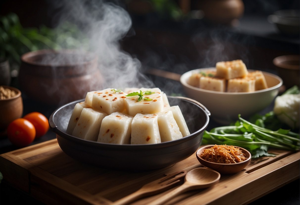 Chinese turnip cake being steamed in a bamboo steamer, surrounded by aromatic steam, with ingredients such as shredded turnip, rice flour, and Chinese sausage nearby