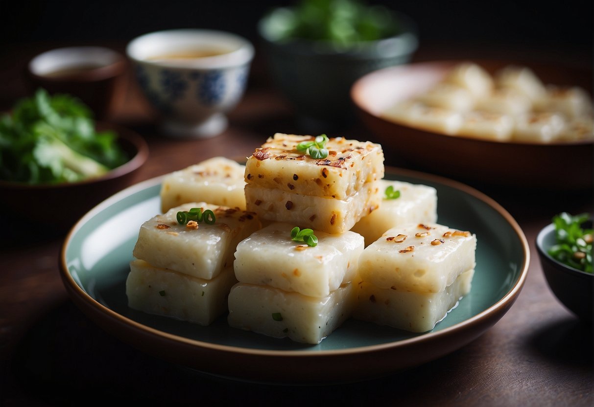 Chinese turnip cake being served on a platter, with additional slices being stored in airtight containers