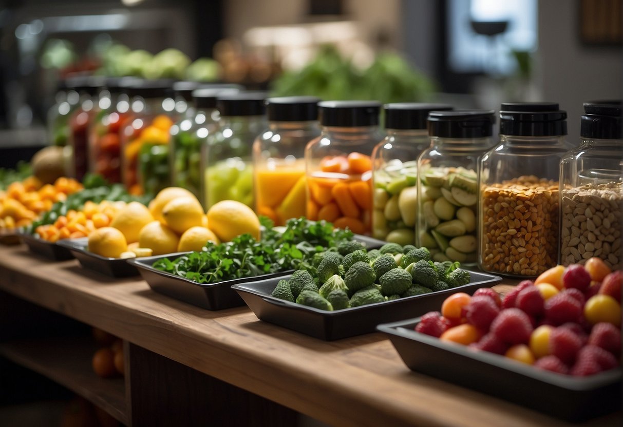 A table displays various fruits and vegetables being freeze-dried and dehydrated, with labeled equipment and ingredients nearby