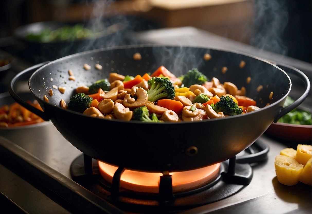 A wok sizzles as diced chicken, cashew nuts, and vegetables stir-fry in a savory Chinese sauce