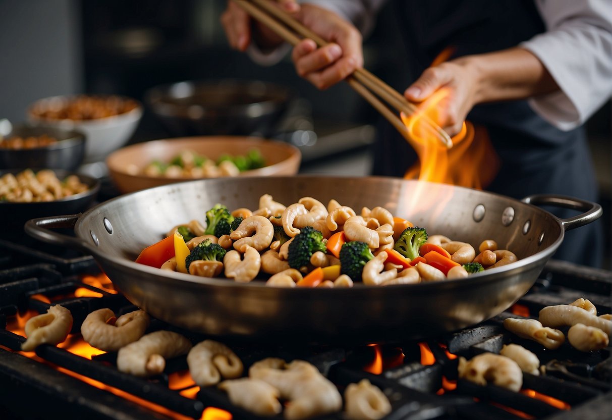 A Chinese chef stir-fries cashew nuts, chicken, and vegetables in a wok over high heat, creating a savory and aromatic dish