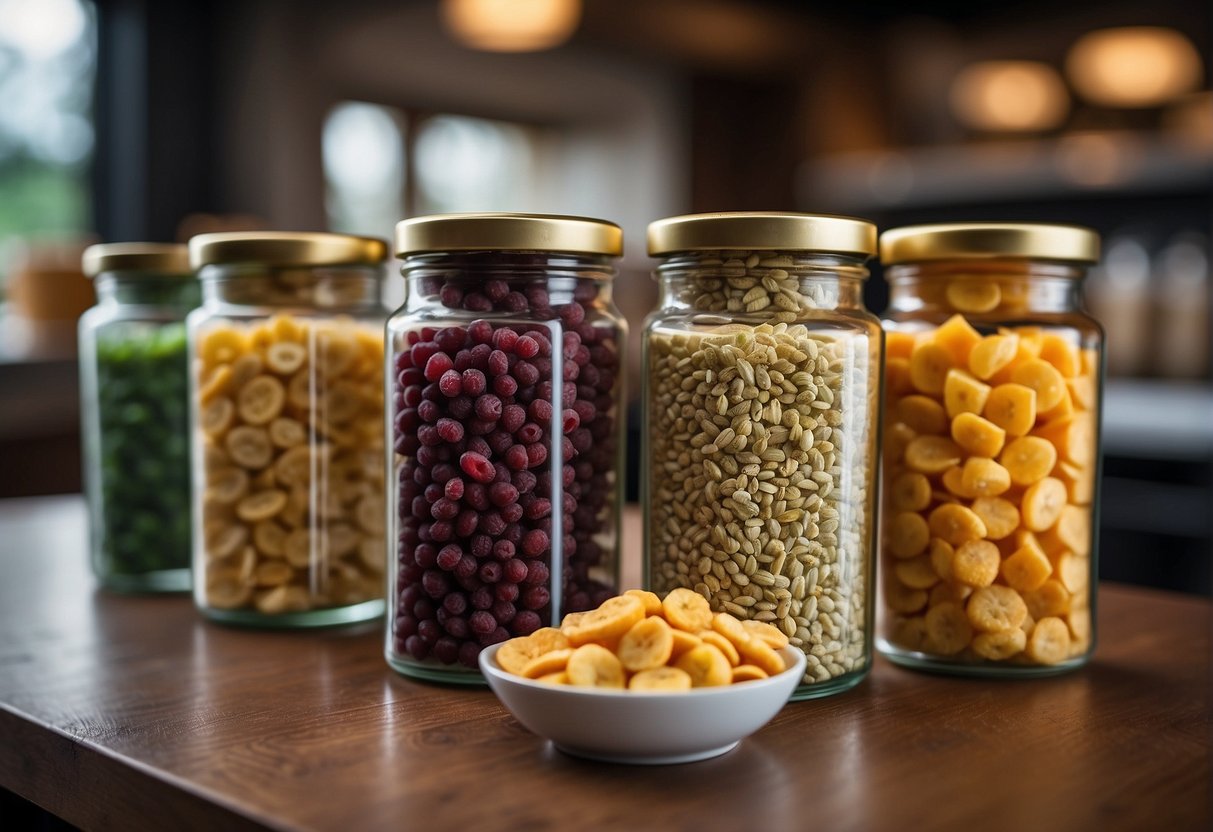 A table displays freeze-dried and dehydrated foods in colorful packaging, showcasing the variety in processed foods