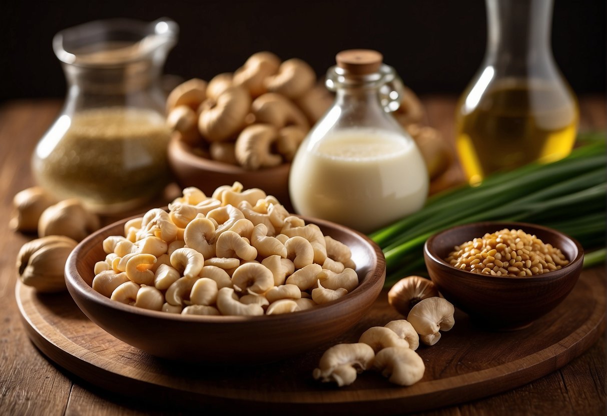 A pile of cashew nuts, diced chicken, soy sauce, ginger, garlic, and green onions sit on a wooden cutting board. A bowl of cornstarch and a bottle of cooking oil are nearby