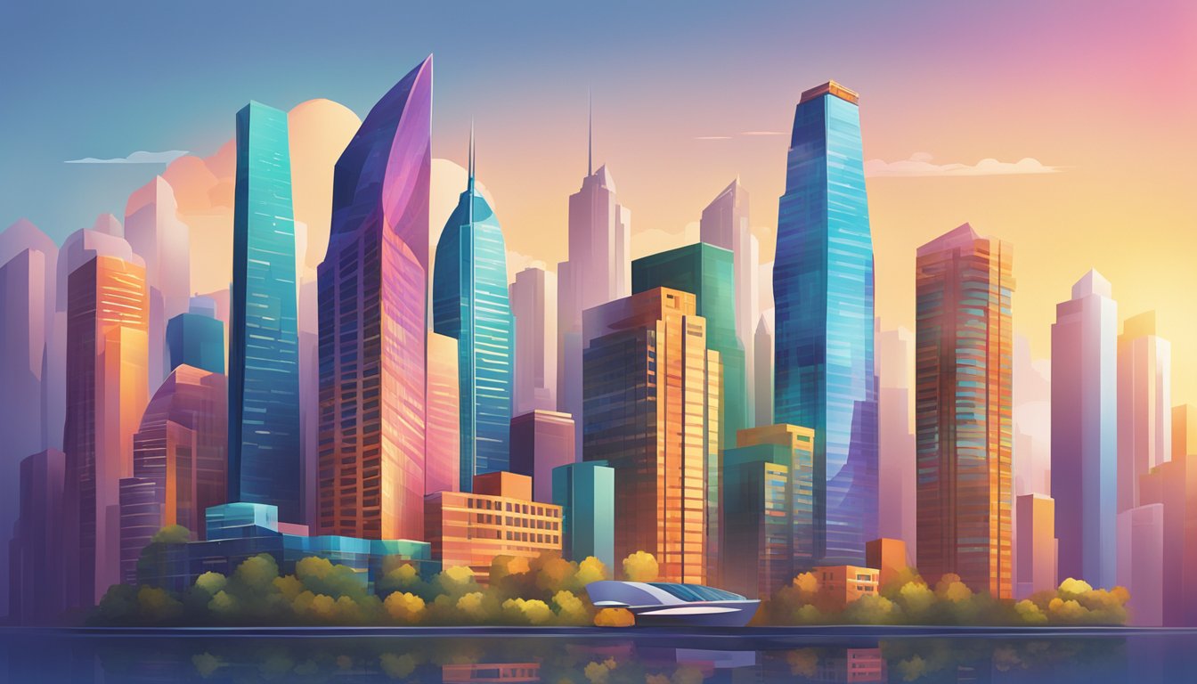 A vibrant cityscape with skyscrapers and a bold, modern logo prominently displayed on a building facade