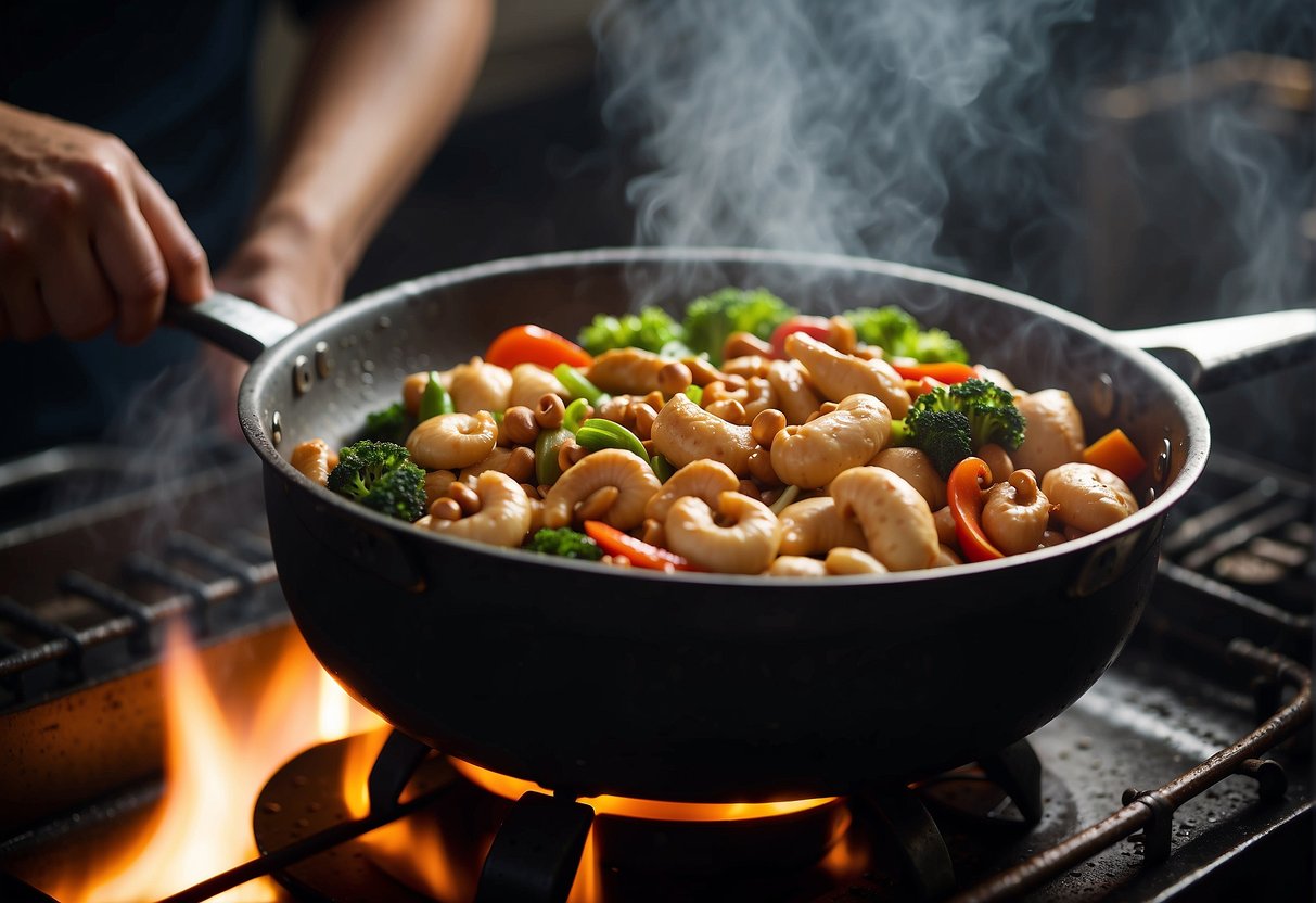 Cashew nut chicken stir-fry in a sizzling wok. Ingredients include chicken, cashew nuts, vegetables, and Chinese spices. Steam rising, aroma filling the air