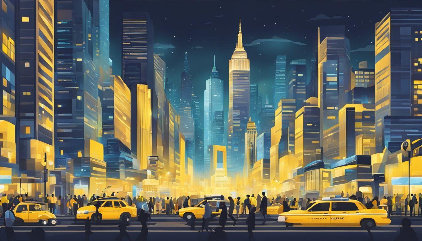A bustling cityscape with iconic landmarks, yellow taxis, and diverse people. The skyline is illuminated by bright lights and the energy of the city is palpable