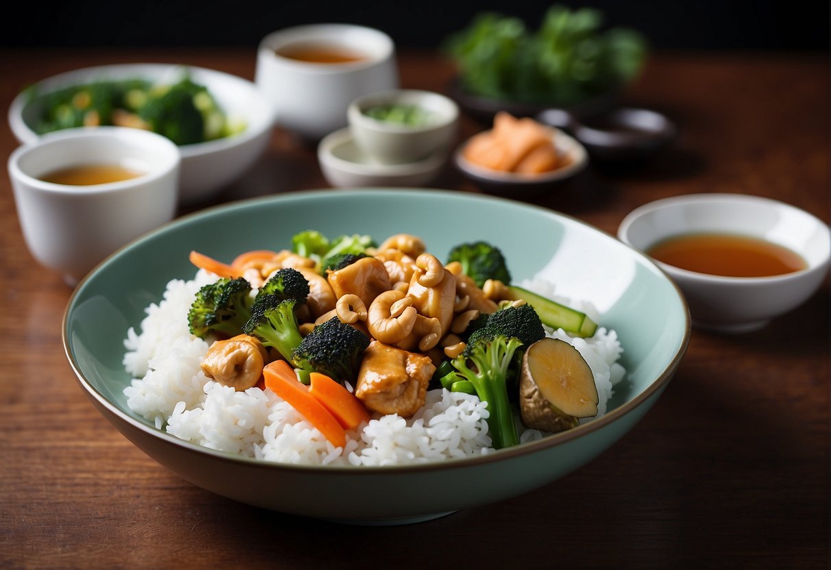 A plate of cashew nut chicken with steamed rice and stir-fried vegetables, accompanied by a pot of green tea