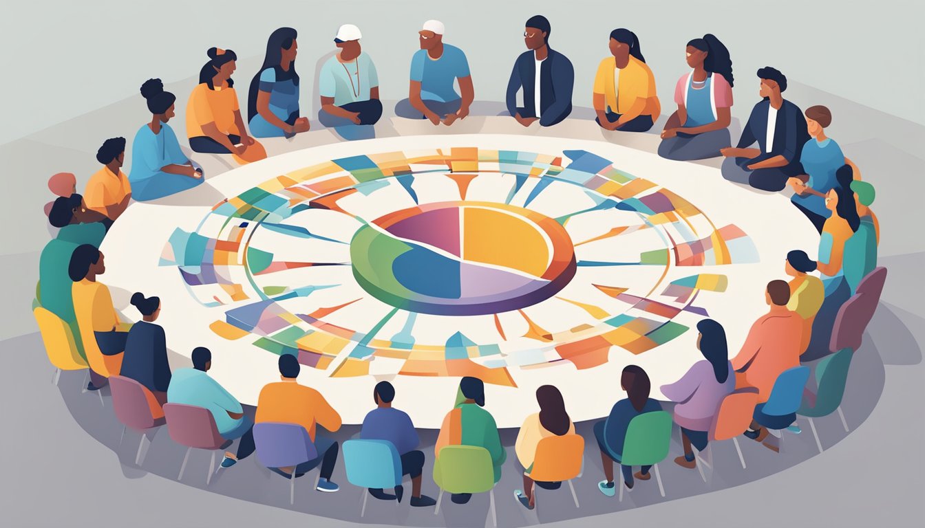 A diverse group of people gather around a central symbol, representing unity and cultural impact. The community is engaged in various activities, reflecting the brand's influence