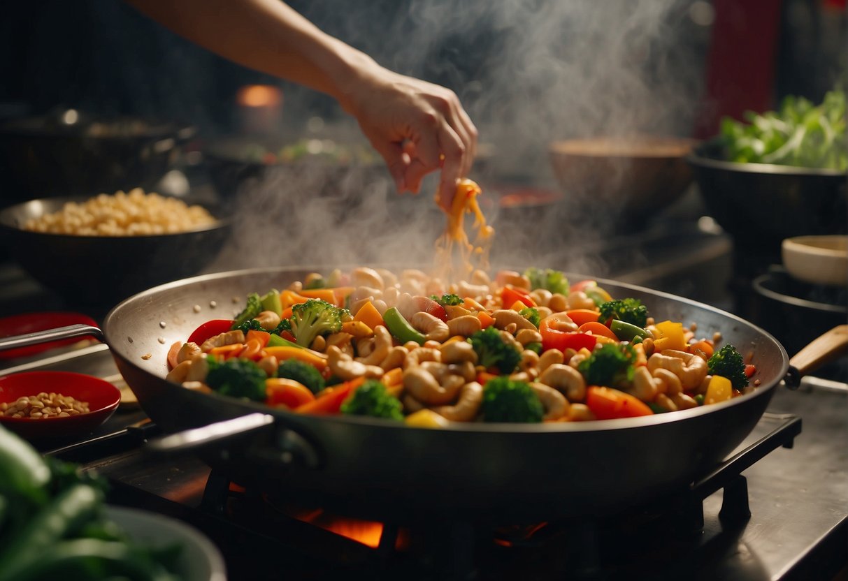 A sizzling wok tosses cashew nut chicken with colorful vegetables in a bustling Chinese kitchen. Steam rises as the chef adds a savory sauce, creating a tantalizing aroma