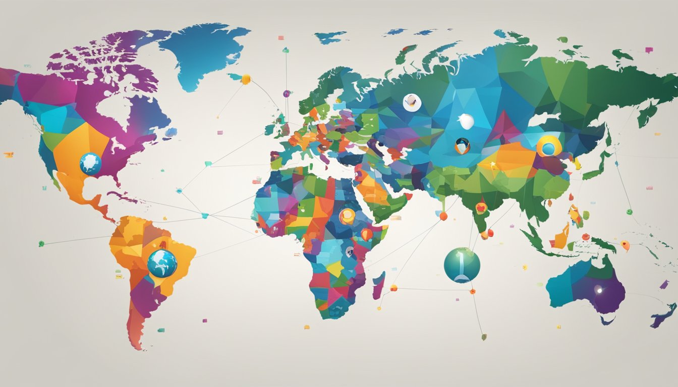 A world map with digital icons spreading across continents, representing global expansion and online presence for the brand