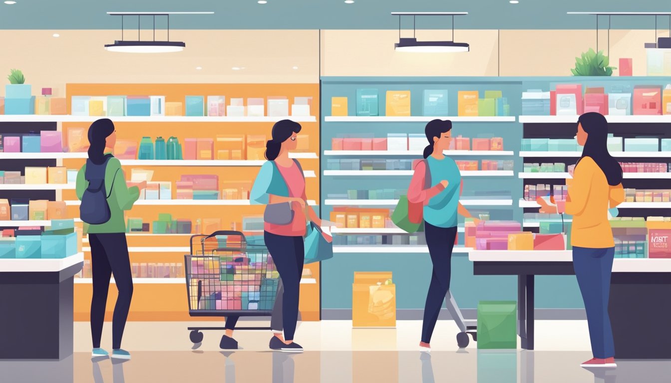 Customers browsing products in a modern store. Bright, clean, and organized displays. Various store locations in urban and suburban settings