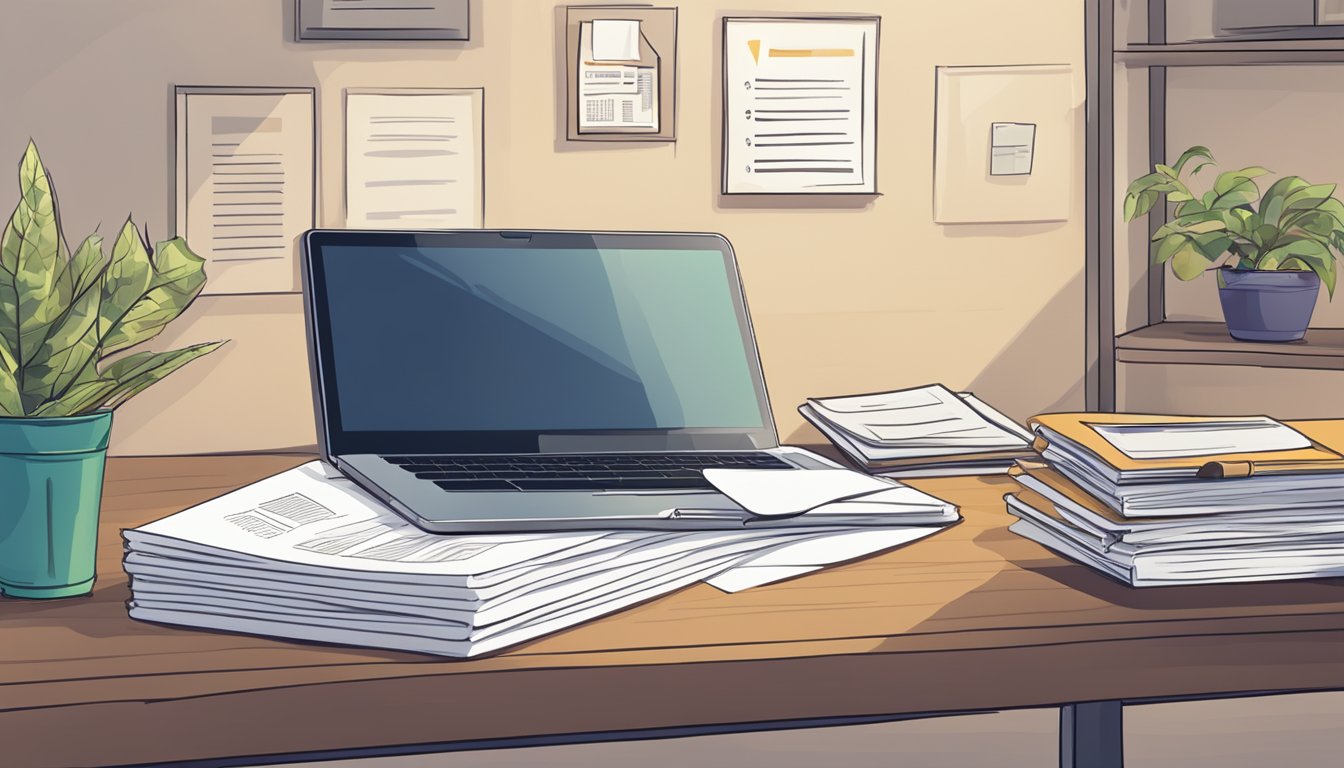 A table with a laptop, a stack of papers, and a pen. A sign with "Frequently Asked Questions" on the wall