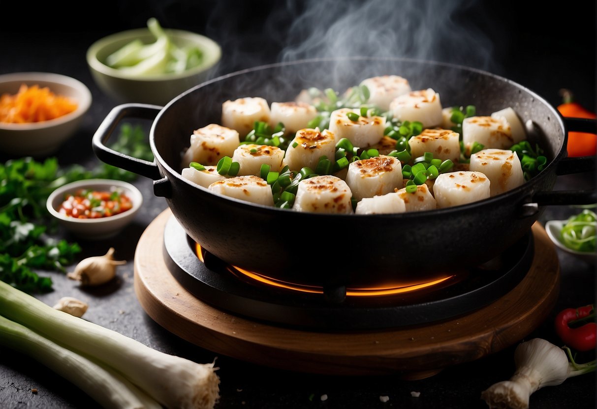 A steaming wok filled with sizzling chunks of Chinese turnip cake, surrounded by scattered green onions and chili flakes
