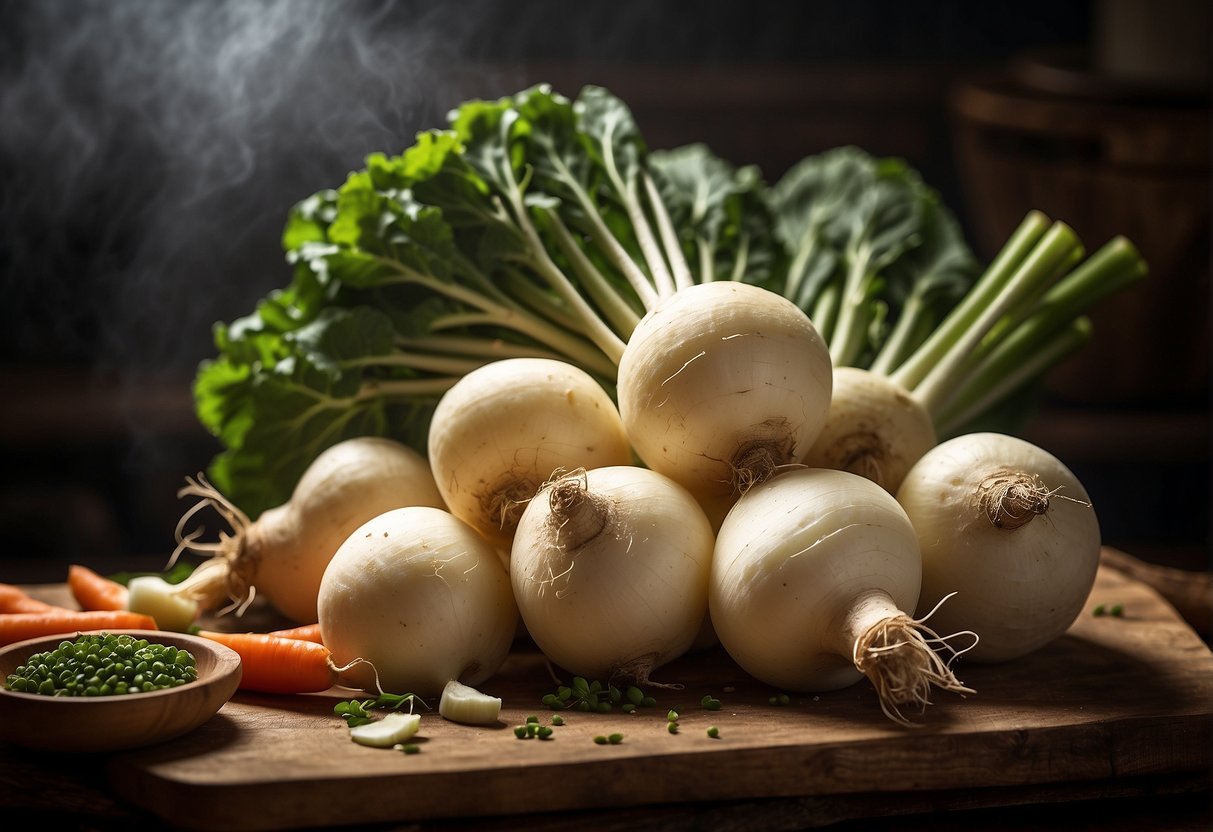 A pile of fresh Chinese turnips sits on a wooden cutting board, surrounded by various cooking utensils and ingredients