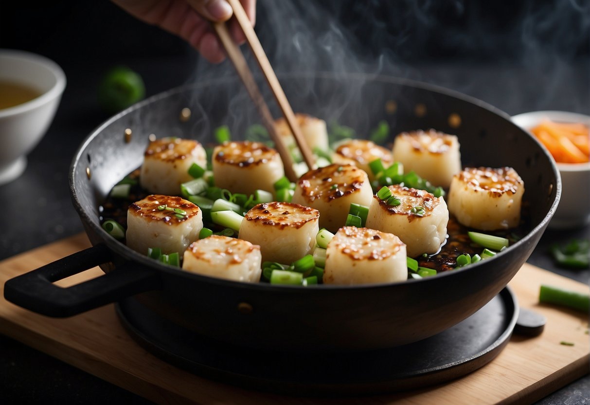 Chinese turnip cake being stir-fried in a wok, then served on a plate with a side of soy sauce and garnished with fresh green onions