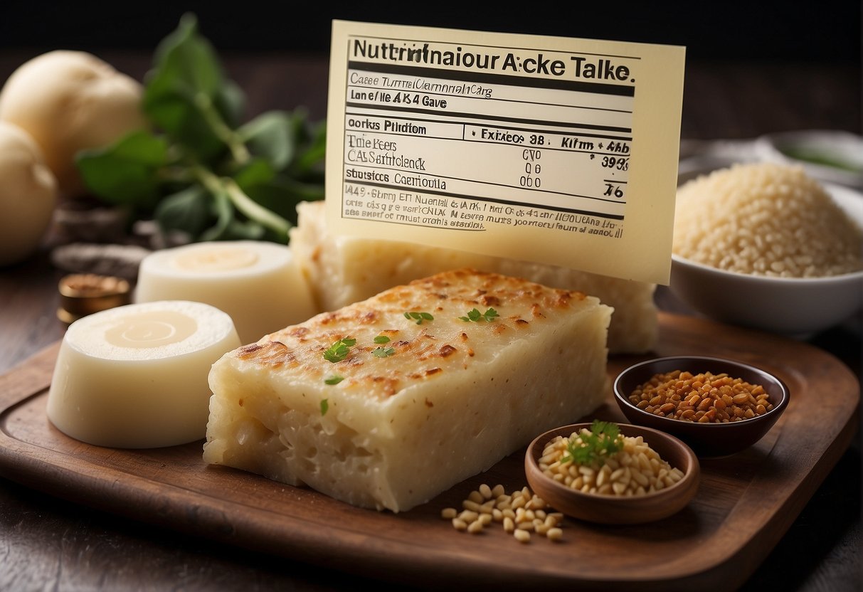 A table displays nutritional info for vegetarian Chinese turnip cake. Ingredients include turnip, flour, and seasoning. Text indicates dietary considerations