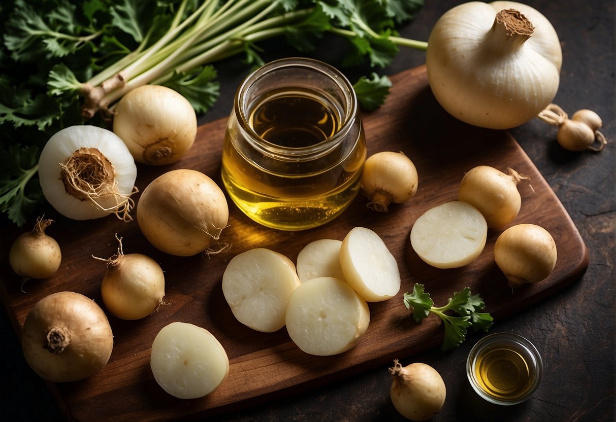 A cutting board with Chinese turnips, knife, garlic, ginger, soy sauce, and cooking oil