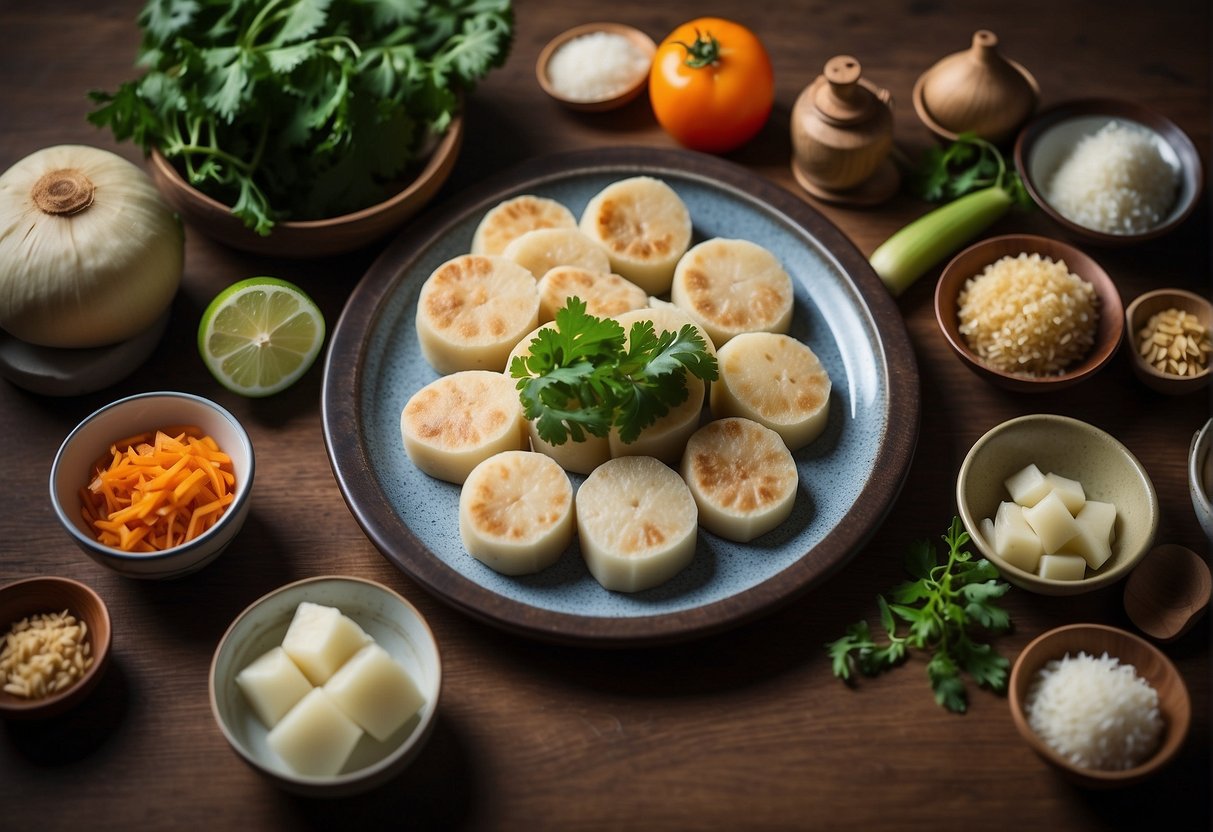 A kitchen counter with ingredients and utensils for making vegetarian Chinese turnip cake