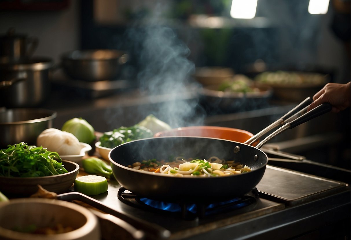 A traditional Chinese kitchen with a wok sizzling with stir-fried turnip, surrounded by various ingredients like soy sauce, ginger, and green onions