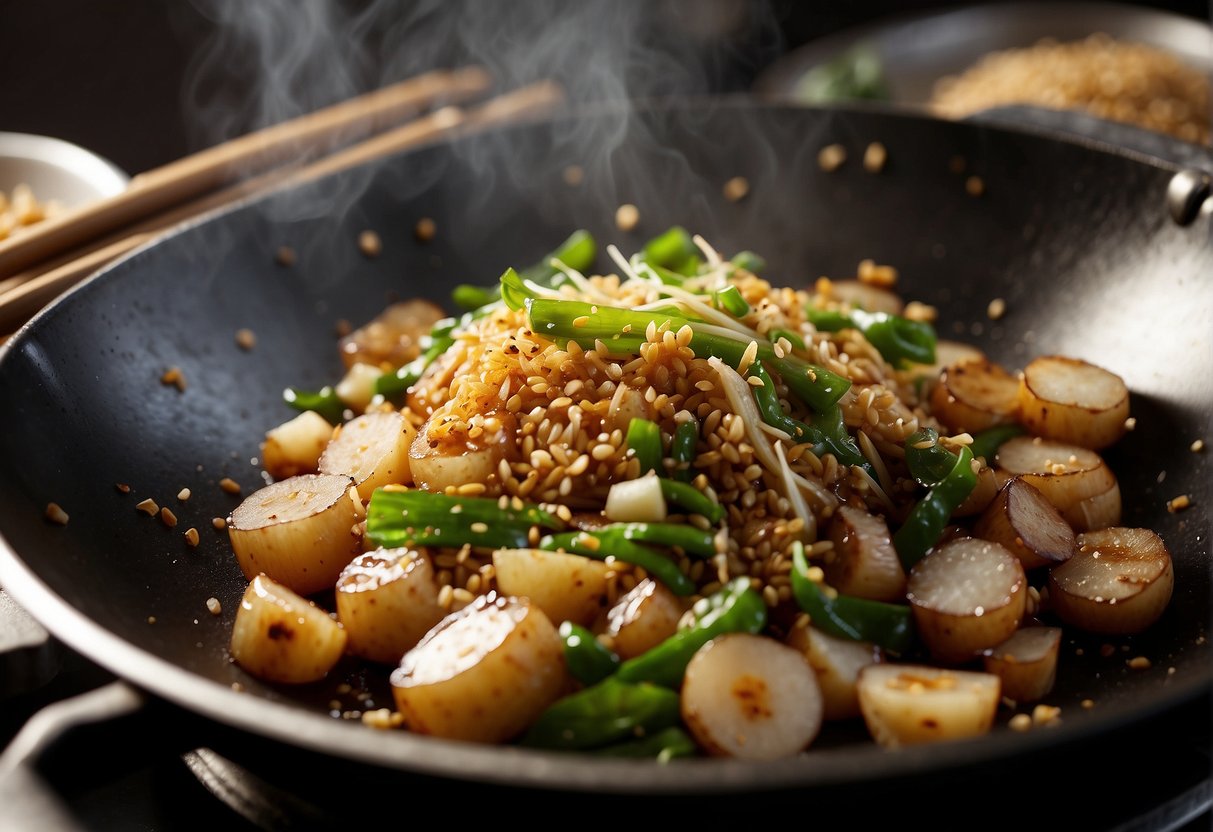 A wok sizzles as Chinese turnip is stir-fried with garlic and soy sauce. A chef adds a sprinkle of sesame seeds for a finishing touch