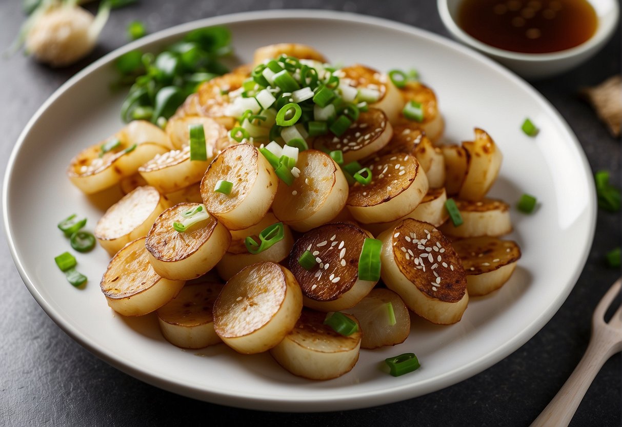 A platter of stir-fried Chinese turnip slices, garnished with green onions and sesame seeds, arranged neatly on a white ceramic plate