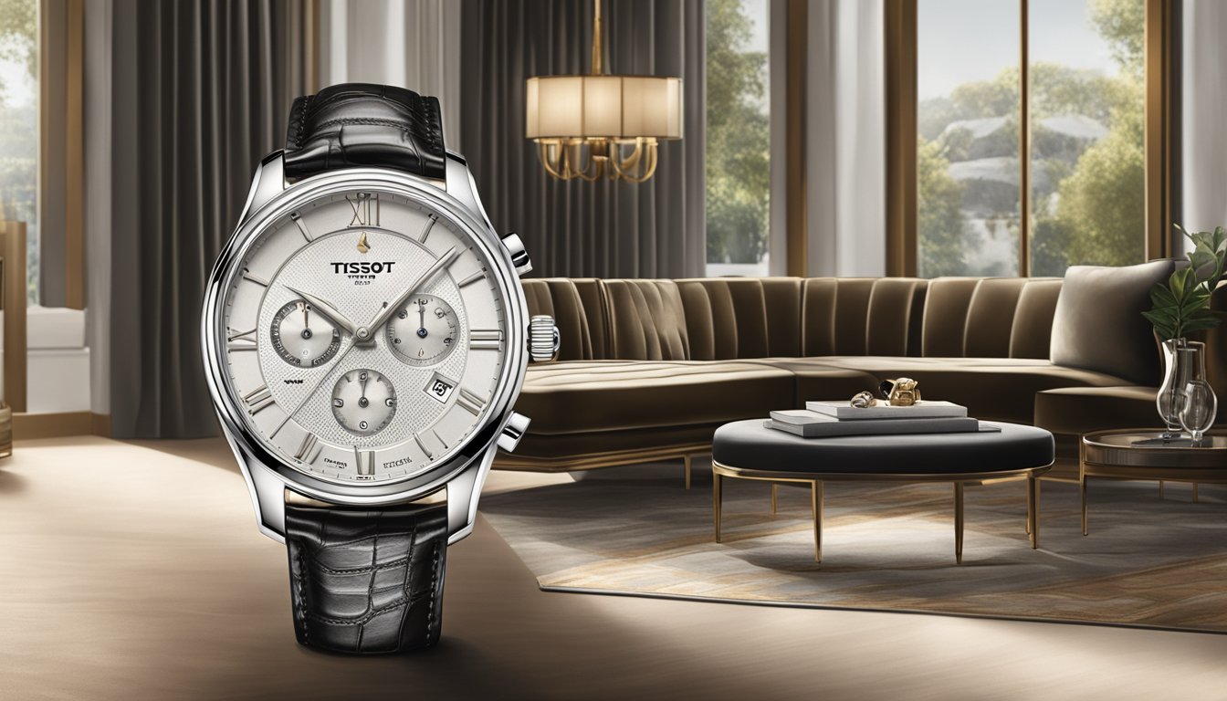 A luxurious Tissot watch displayed on a velvet cushion in a sleek, upscale store setting