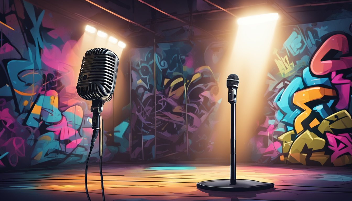 A microphone stands alone on a dimly lit stage, surrounded by graffiti-covered walls. The spotlight shines on the mic, ready for someone to step up and unleash their own brand freestyle lyrics