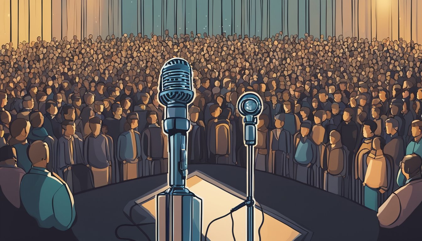 A microphone stands alone on a dimly lit stage, surrounded by a sea of eager faces. The spotlight shines on the mic, waiting for the next lyrical breakdown