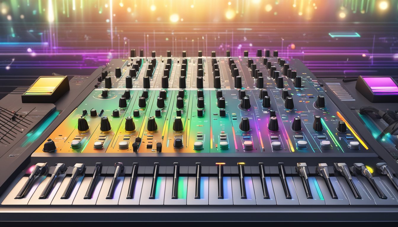 A mixing board with knobs and faders, surrounded by musical instruments and microphones, with colorful sound waves pulsing on a computer screen