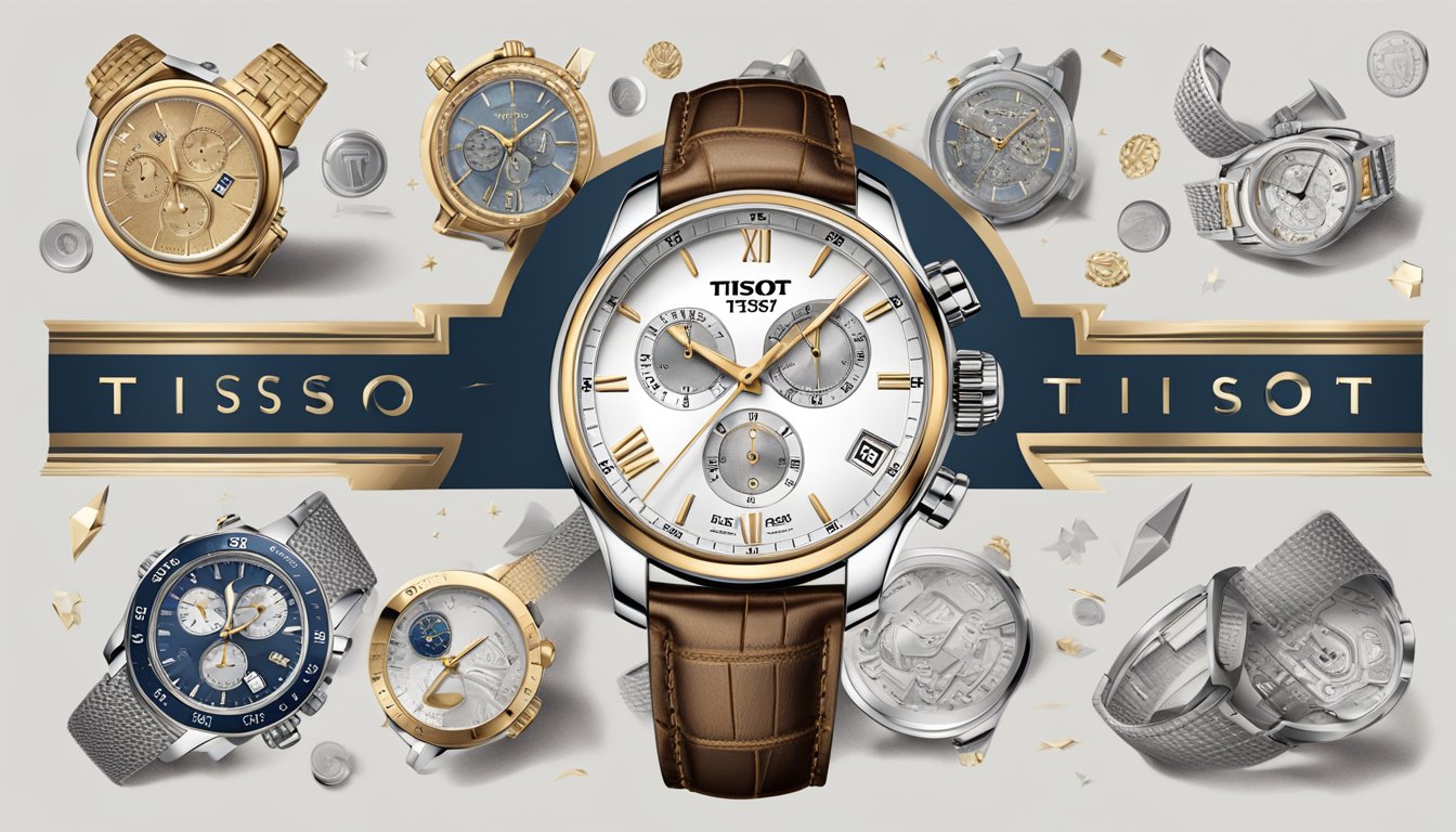 The Tissot logo shines on a sleek, modern watch, surrounded by symbols of luxury and heritage