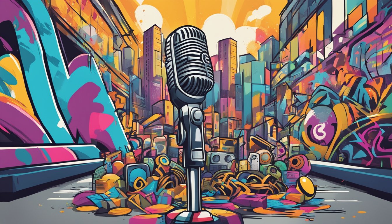 A microphone stands on a stage, surrounded by colorful graffiti and street art. The words "Artist Profiles and Contributions" are written in bold, freestyle lettering