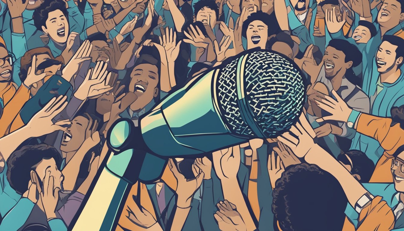 A microphone surrounded by a crowd, with hands reaching out and lyrics floating in the air