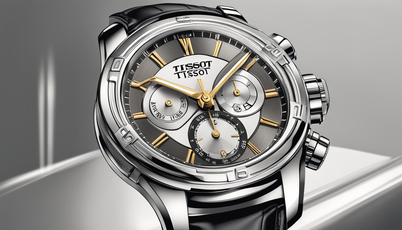 A luxurious Tissot watch, intricately designed and crafted with precision, gleams under the spotlight