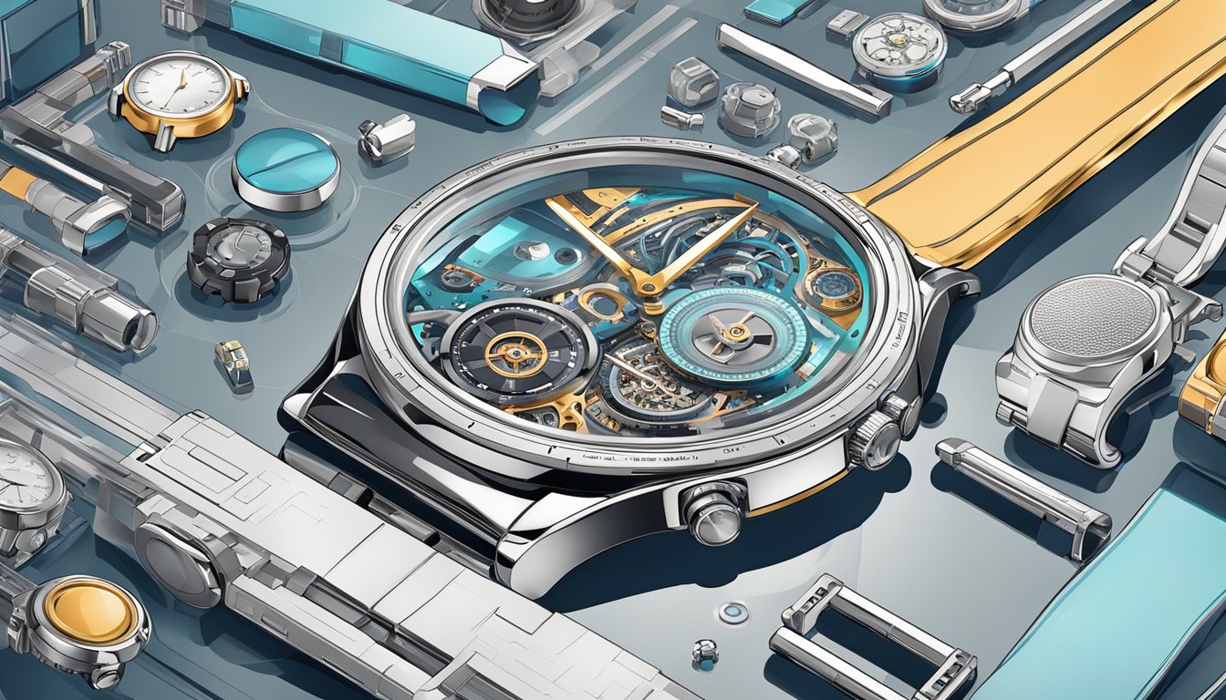 A modern, sleek watch with intricate details, surrounded by futuristic gadgets and technology