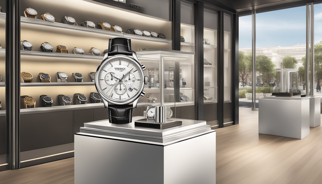 A luxurious Tissot watch displayed on a sleek, modern pedestal in a well-lit, accessible storefront