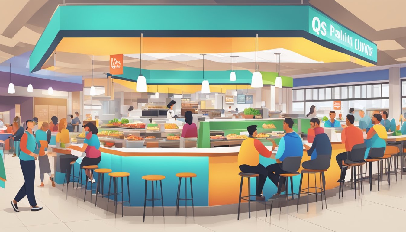A bustling food court with colorful signage, busy staff, and customers enjoying meals from QSR brands