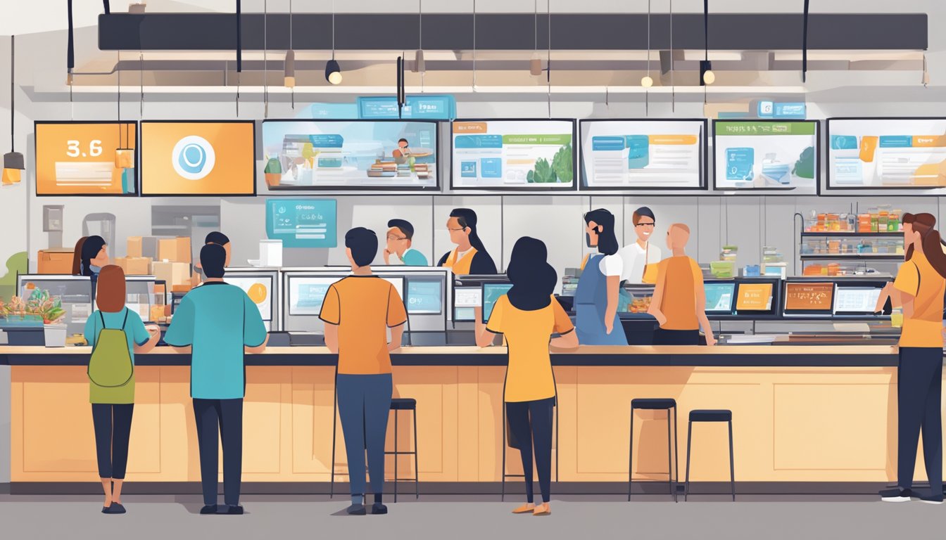 A busy QSR brand with customers at the counter, staff taking orders, and a display of frequently asked questions on a digital screen