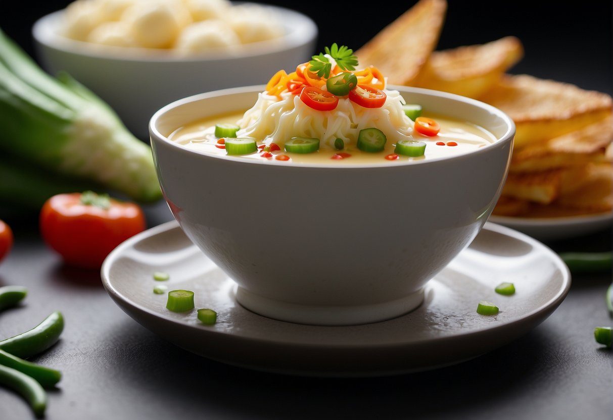 A steaming bowl of creamy cauliflower soup garnished with scallions and a drizzle of chili oil, served alongside crispy wonton strips