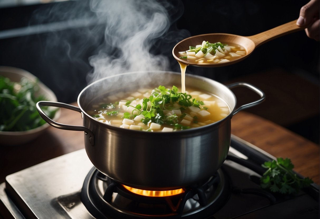 A pot simmers on a stove, filled with Chinese turnip soup. Steam rises, carrying the aroma of ginger and pork. Chopped turnip and green onions float in the savory broth