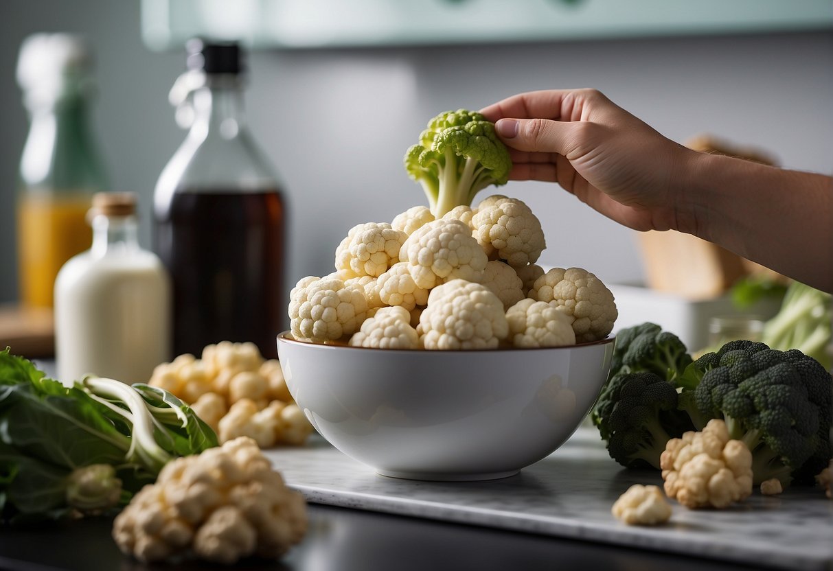 A hand reaching for a head of cauliflower, a bowl of ginger, and a bottle of soy sauce on a kitchen counter
