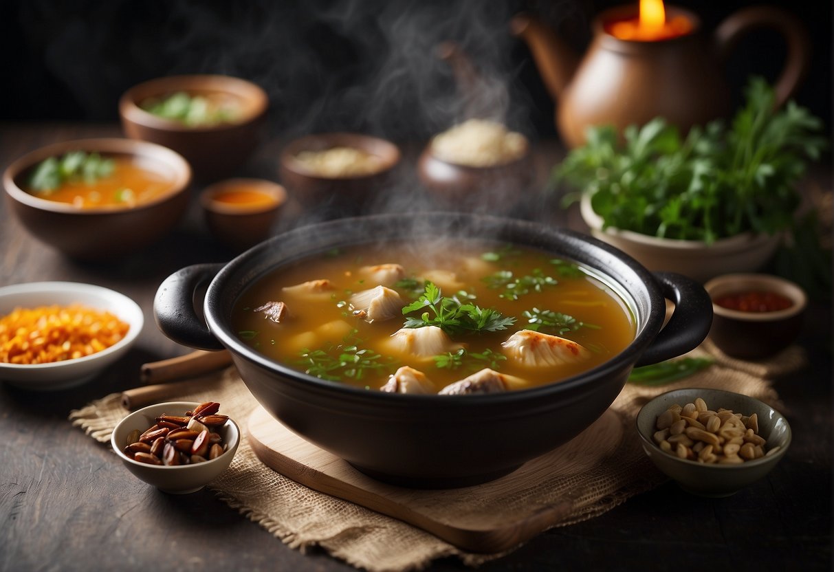 A simmering pot of Chinese turtle soup, surrounded by traditional herbs and ingredients, evoking a sense of cultural history and culinary significance
