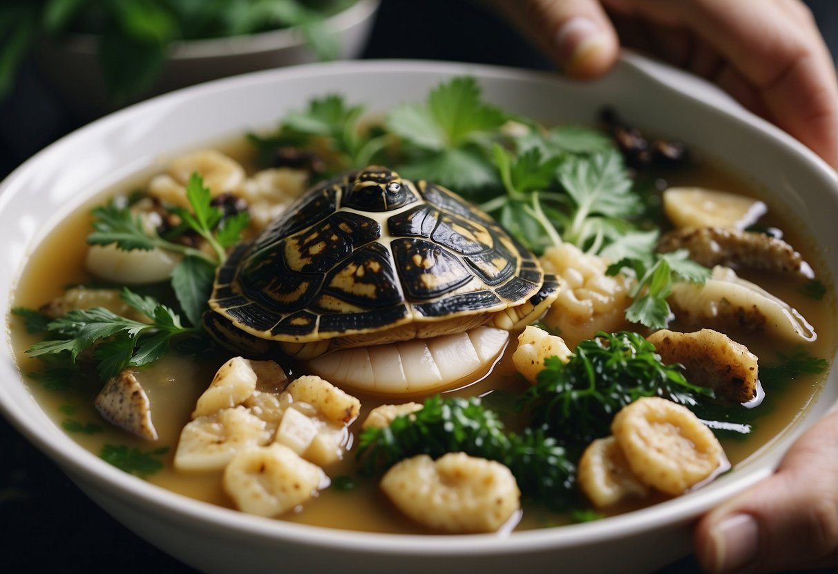 A person selects fresh turtle, ginger, and herbs for Chinese turtle soup