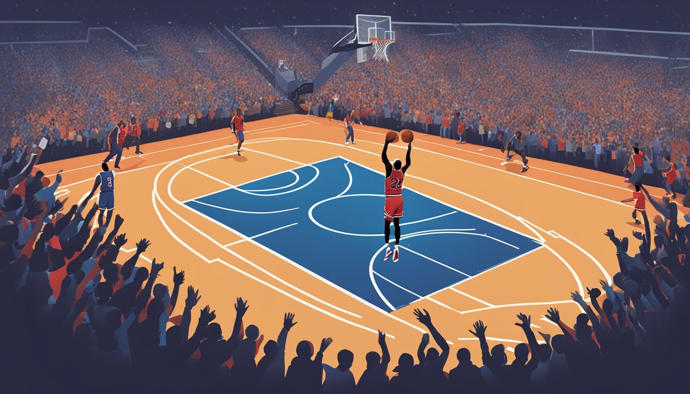 A basketball court with a glowing silhouette of Michael Jordan and the iconic Jumpman logo, surrounded by a crowd of cheering fans