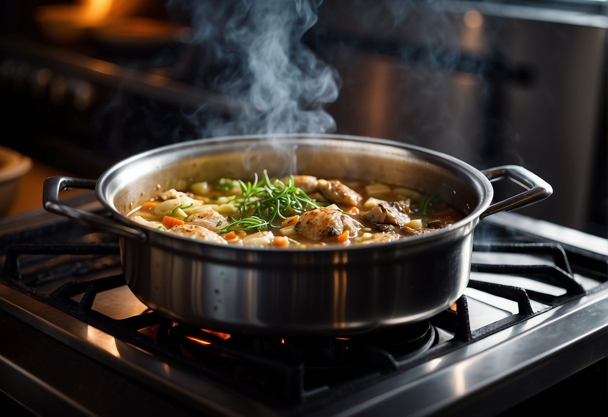 A large pot simmers on a stove, filled with turtle meat, ginger, and herbs. Steam rises as the savory aroma fills the kitchen
