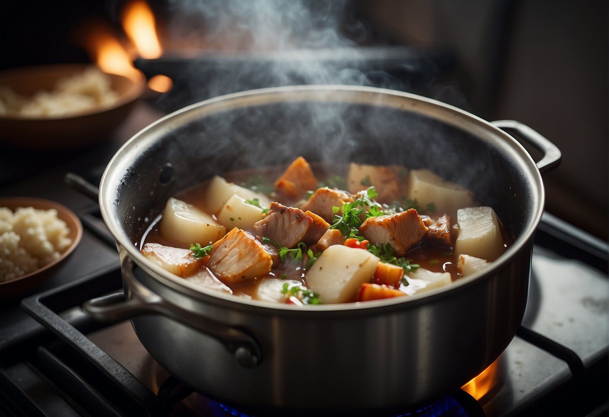 A pot simmering on a stove with chunks of Chinese turnip, pork ribs, and dried scallops. Steam rising, and a hint of ginger and garlic in the air