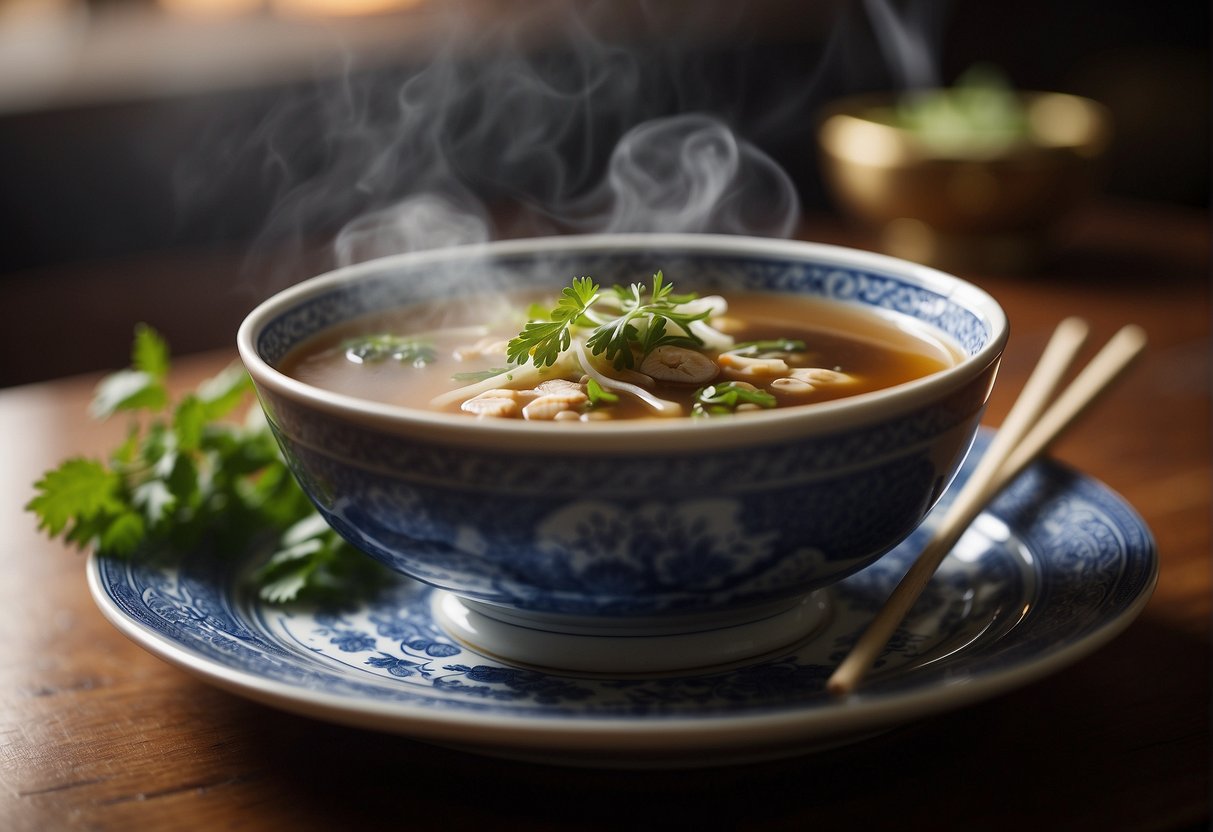 A steaming bowl of Chinese turtle soup is placed on a decorative plate, garnished with fresh herbs and served alongside a pair of elegant chopsticks