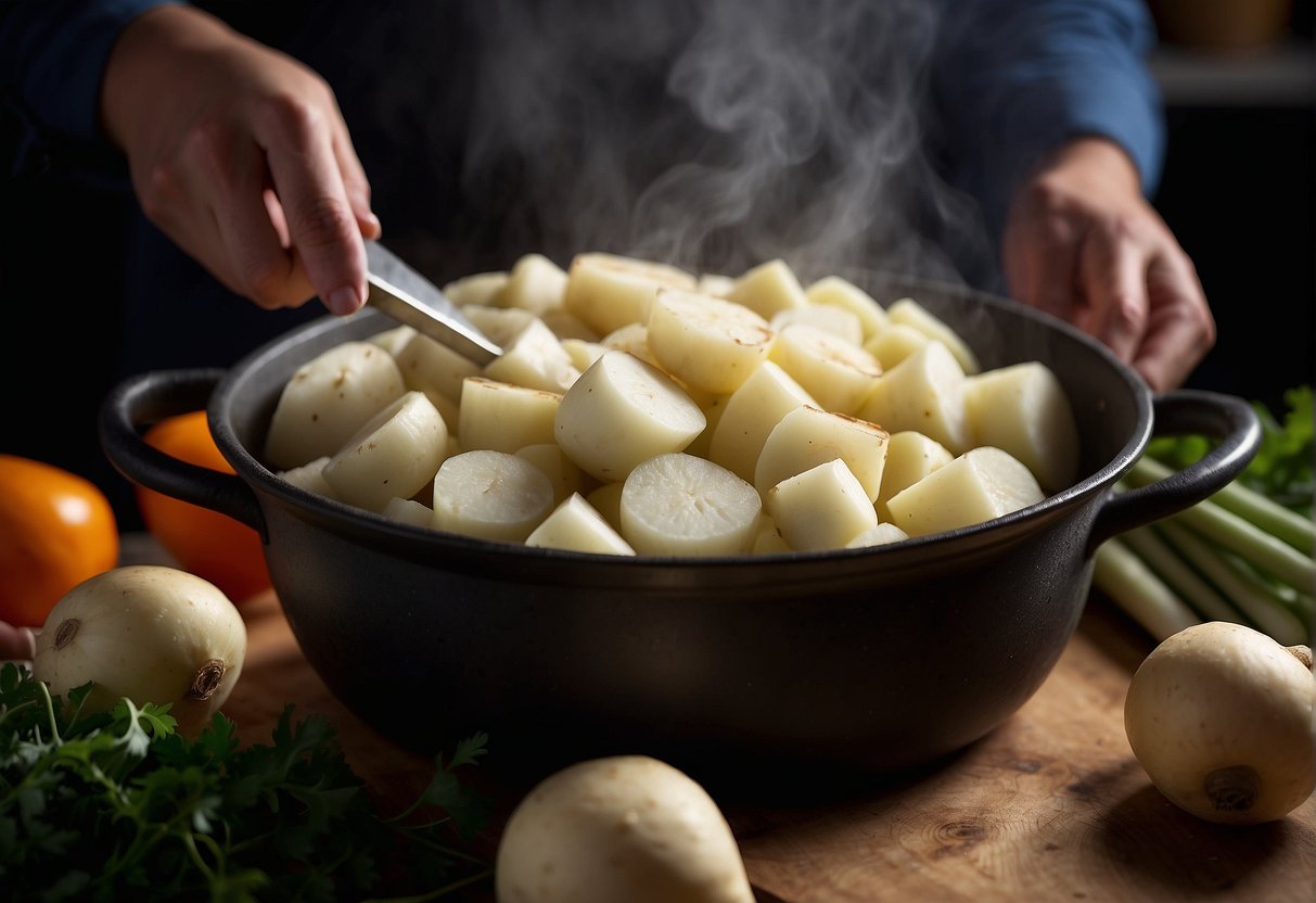 Chopping, peeling, and slicing turnips and other vegetables. Boiling ingredients in a large pot. Adding seasoning and simmering until fragrant