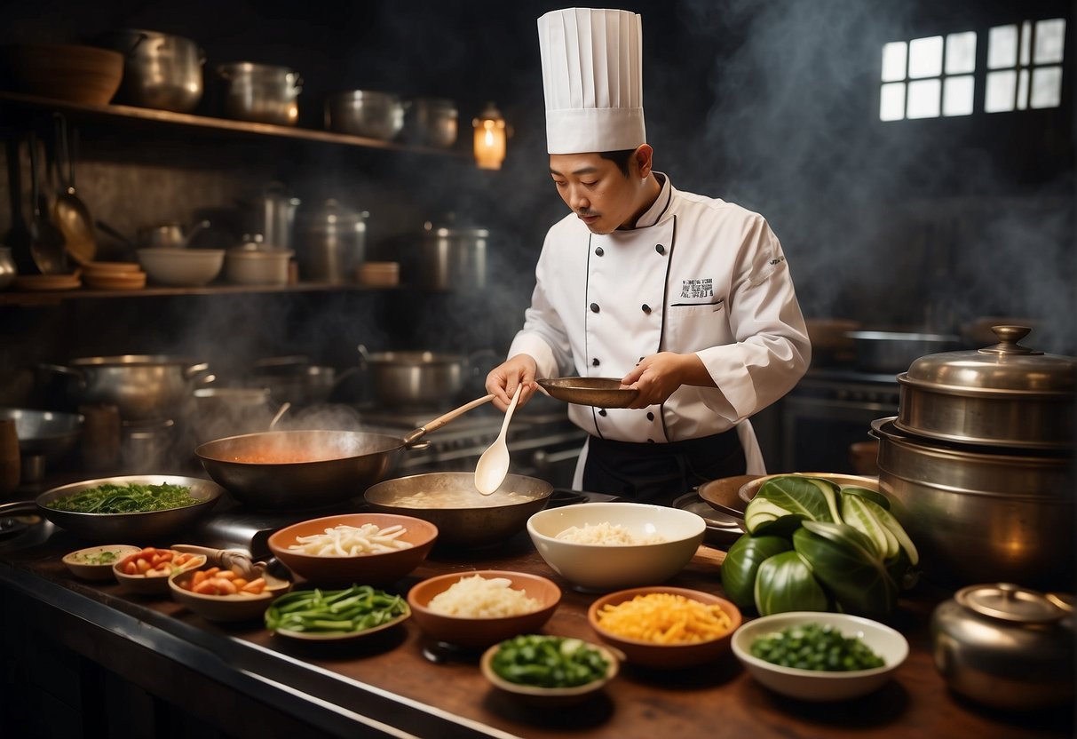 A chef preparing ingredients for Chinese turtle soup, surrounded by cooking utensils and a traditional recipe book