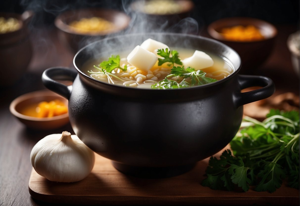 Chinese turnip soup simmers in a pot with ginger, garlic, and seasoning. Steam rises from the bubbling liquid, filling the kitchen with aromatic flavors