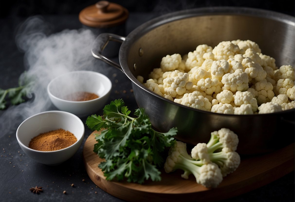 Chopped cauliflower and spices in a pot. Steam rising. Ingredients laid out on a kitchen counter